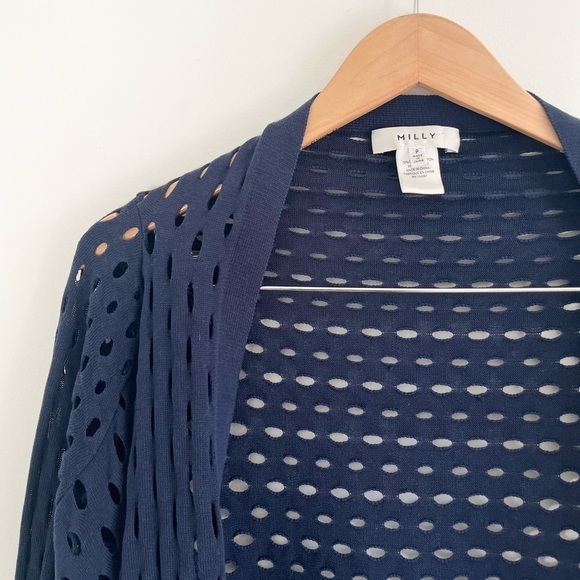 Milly Navy Pointelle Hole Silk Cardigan - Picture 3 of 12